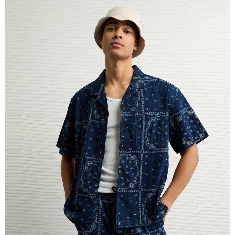 American Eagle Button Up Shirt Men's Size L Tall Blue Relaxed Bandana Paisley - Picture 2 of 16